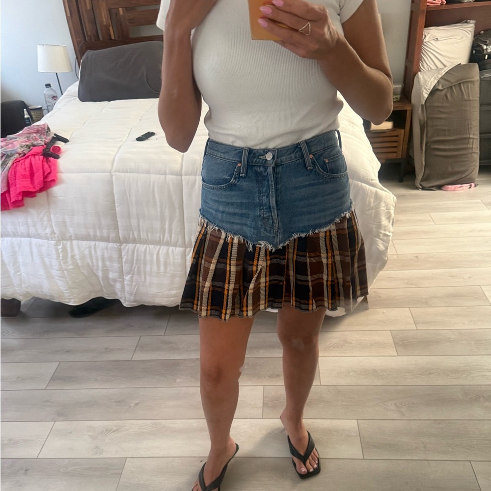 MOTHER Blue Brown Asymmetrical Skater Mini Skirt